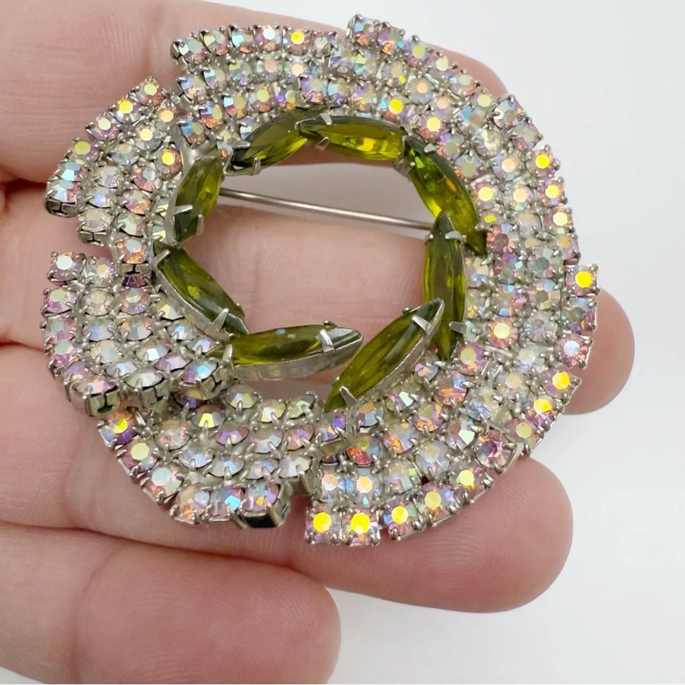 Vintage AB Green Glass Rhinestone Layered Tiered Round Wreathe Pin Brooch